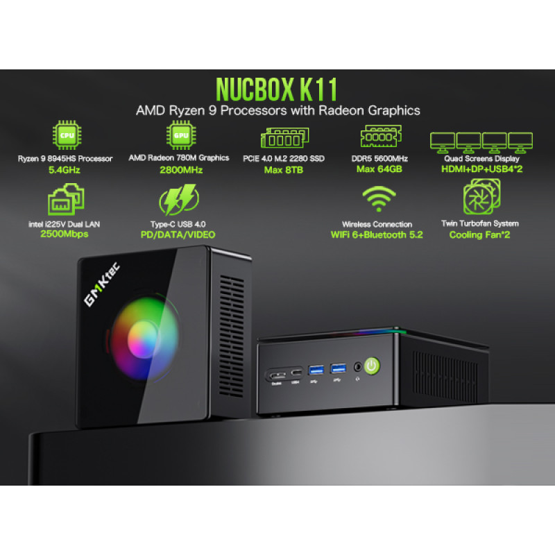 Mini PC GMKtec K11 AMD Ryzen 9 8945HS 32GB RAM + 2TB SSD WIN 11 Pro