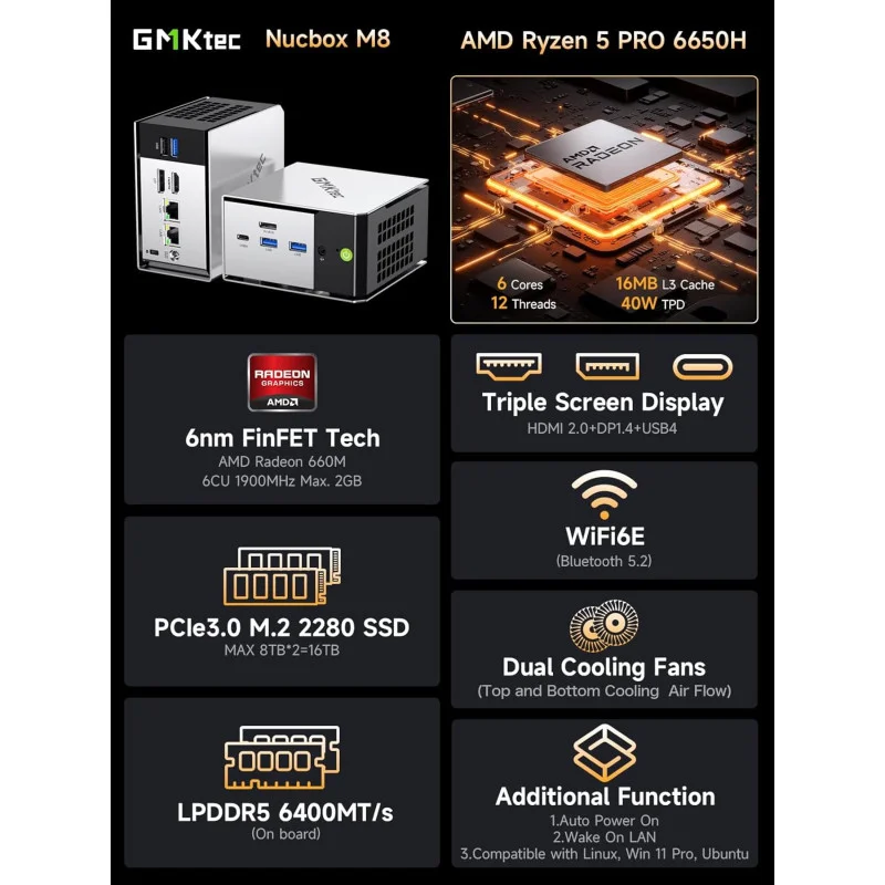 MINI PC GMKtec M8 AMD Ryzen 5 PRO 6650H 16GB DDR5 + 1TB SSD, WIN
