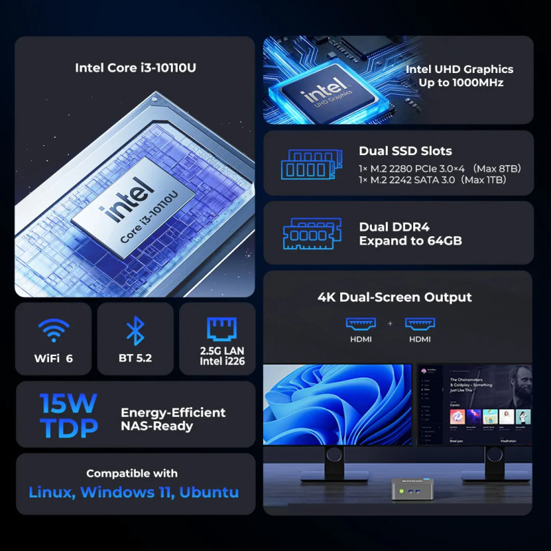 Mini PC GMKtec G3 Pro Intel i3 10110U - 16GB DDR4 + 256GB SSD WIN 11 Pro